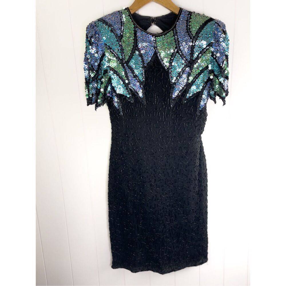SCALA Vintage Pure Silk Beaded Sequin‎ Cocktail Dress Black Size M